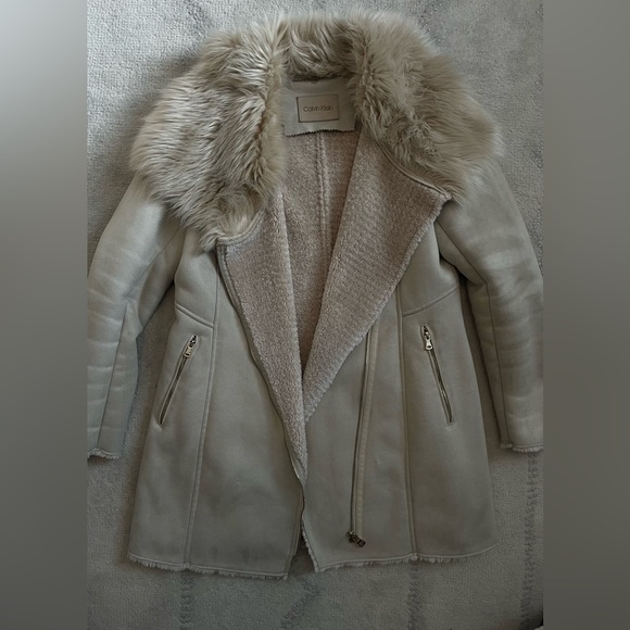 Calvin Klein Soft Latte Faux Suede Coat with Fur Collar - Picture 7 of 13